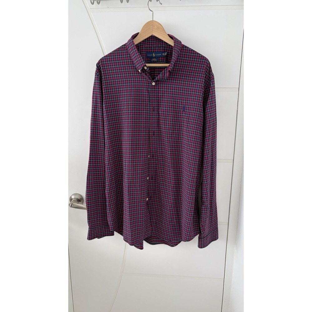 Ralph Lauren Slim Fit Performance Men's Red Blue Plaid Cotton Dress Shirt XXL